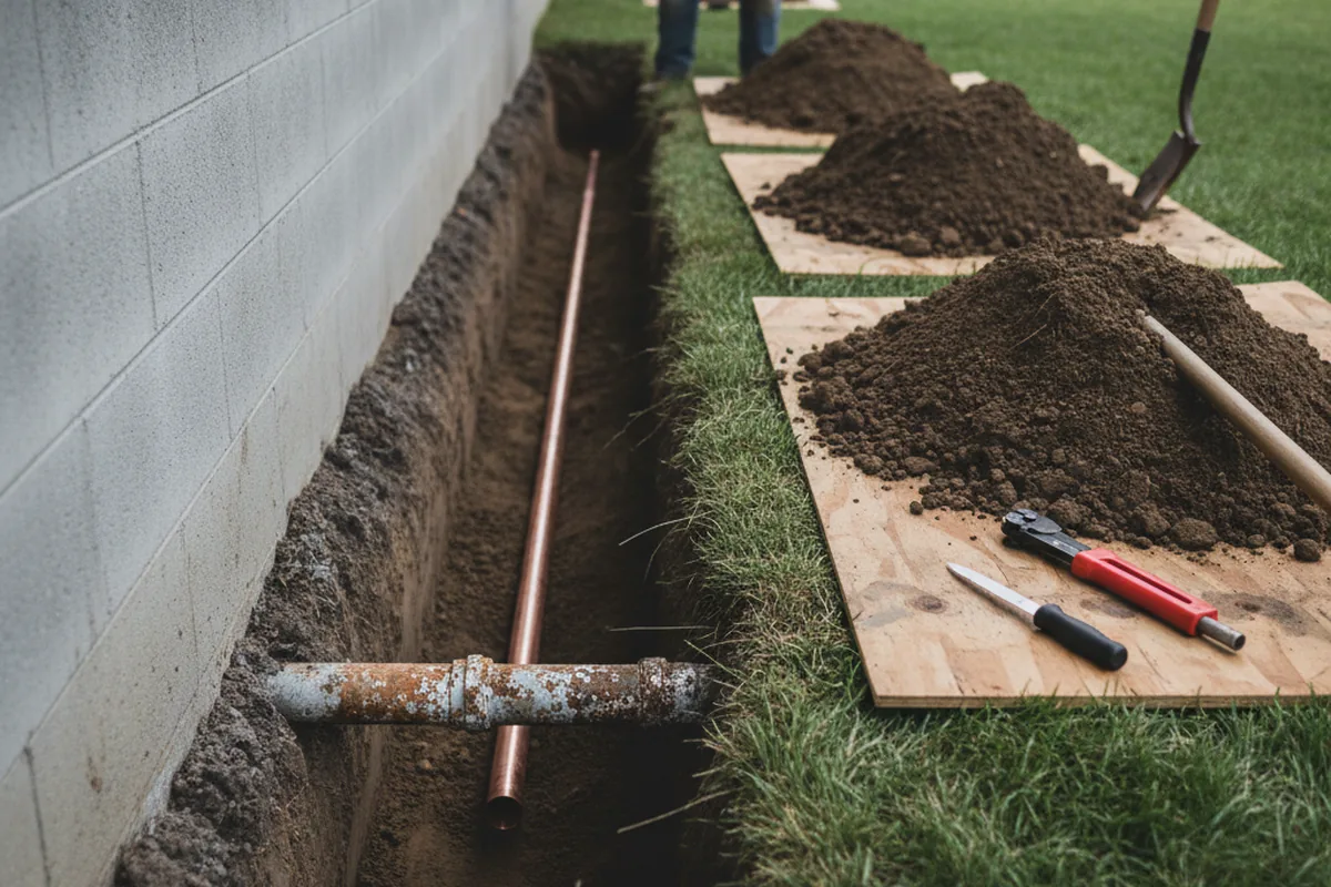 Excavated water line trench during Water Softener Installation in Rockport